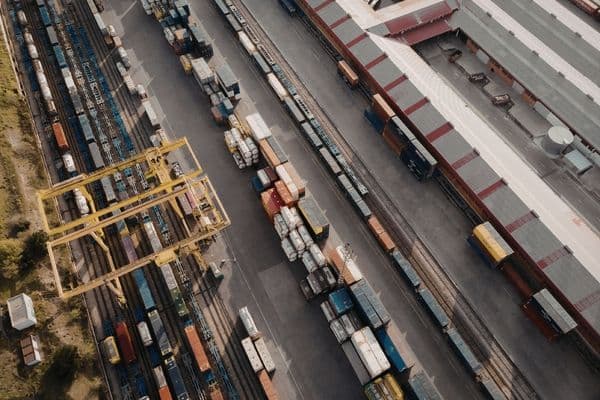 Freight train locomotives in rail yard
